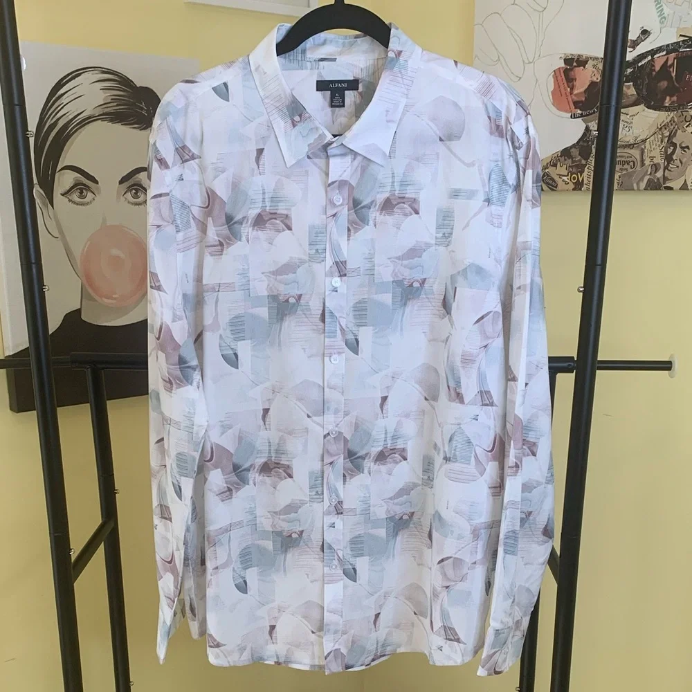 Men’s NWT ALFANI Regular-Fit Abstract Light Wave Print Button Down Shirt, Sz XL - Picture 7 of 8